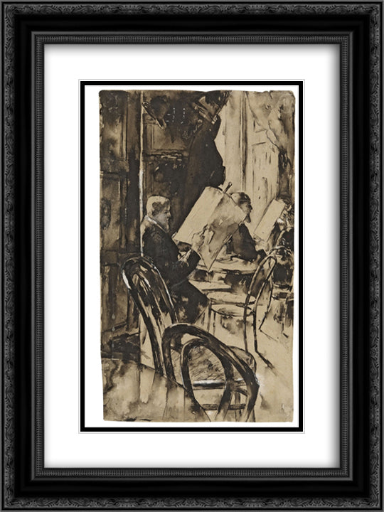 Im Cafe Bauer 18x24 Black Ornate Wood Framed Art Print Poster with Double Matting by Ury, Lesser