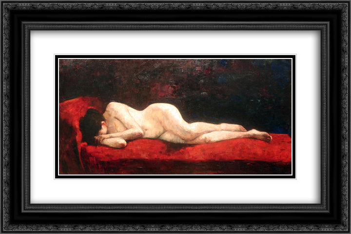 Lying Nude 24x16 Black Ornate Wood Framed Art Print Poster with Double Matting by Ury, Lesser