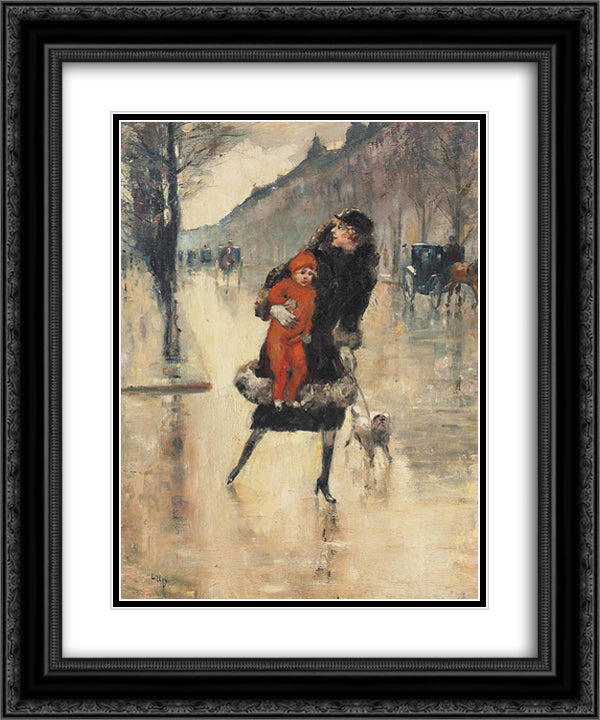 Mutter mit Kind auf einer Strassenkreuzung 20x24 Black Ornate Wood Framed Art Print Poster with Double Matting by Ury, Lesser