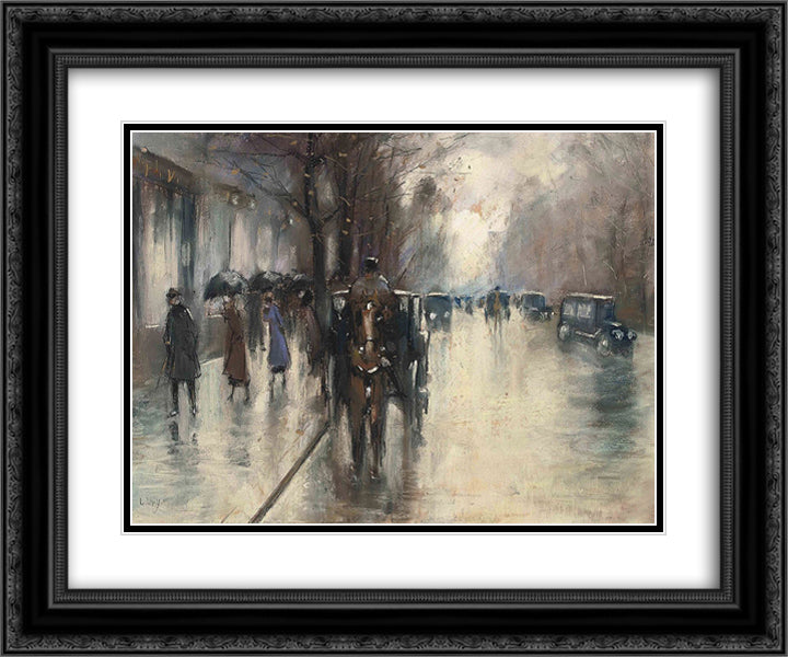 Unter den Linden im Regen 24x20 Black Ornate Wood Framed Art Print Poster with Double Matting by Ury, Lesser