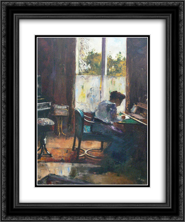 Woman at writing desk 20x24 Black Ornate Wood Framed Art Print Poster with Double Matting by Ury, Lesser