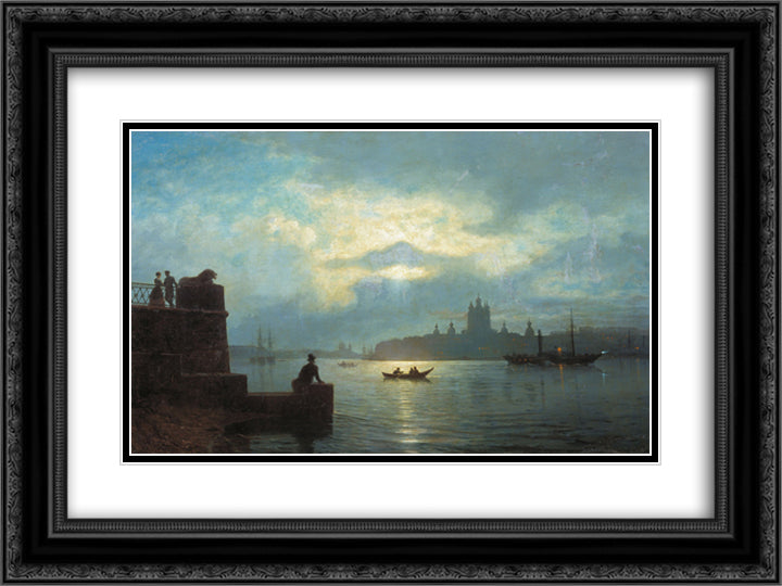 Moonlit night at Neva 24x18 Black Ornate Wood Framed Art Print Poster with Double Matting by Lagorio, Lev