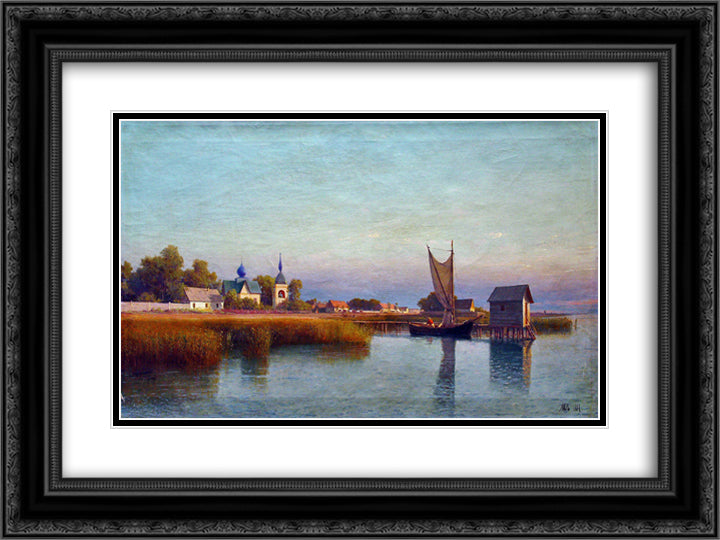 View of the town from the riverside 24x18 Black Ornate Wood Framed Art Print Poster with Double Matting by Lagorio, Lev