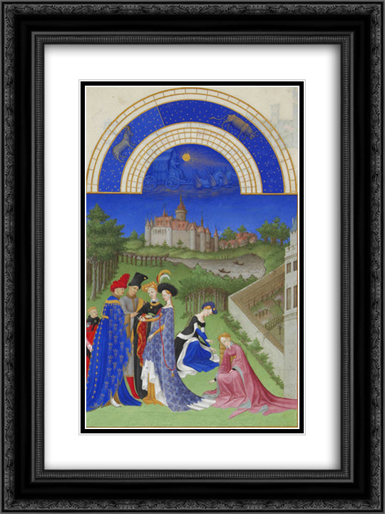 April Courtly Figures in the Castle Grounds 18x24 Black Ornate Wood Framed Art Print Poster with Double Matting by Limbourg Brothers