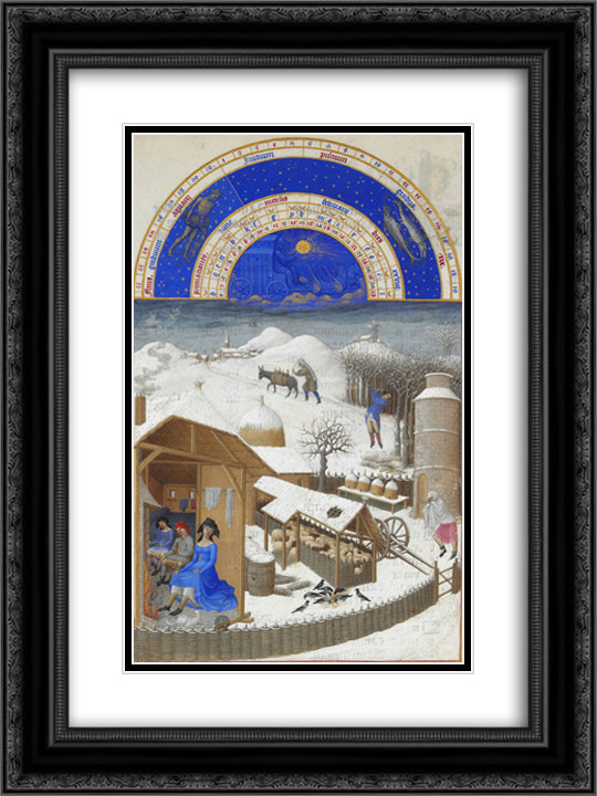 Facsimile of February Farmyard Scene with Peasants 18x24 Black Ornate Wood Framed Art Print Poster with Double Matting by Limbourg Brothers