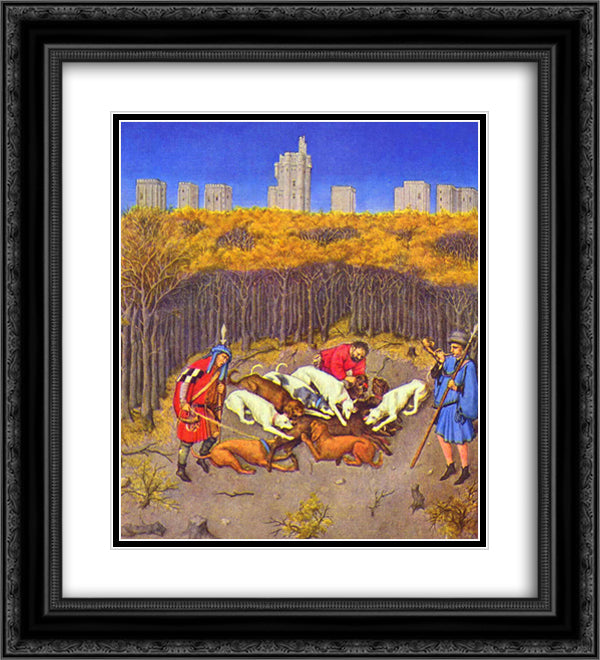 Fascimile of December Hunting Wild Boar 20x22 Black Ornate Wood Framed Art Print Poster with Double Matting by Limbourg Brothers