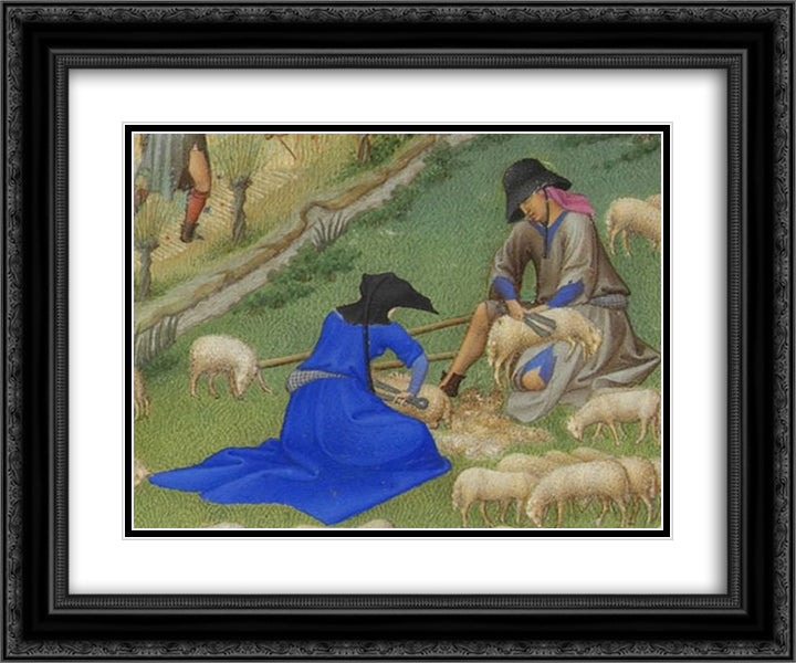 Juillet Sheep Shearing 24x20 Black Ornate Wood Framed Art Print Poster with Double Matting by Limbourg Brothers