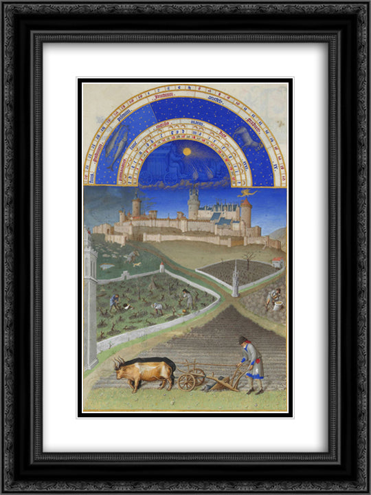 March Peasants at Work on a Feudal Estate 18x24 Black Ornate Wood Framed Art Print Poster with Double Matting by Limbourg Brothers