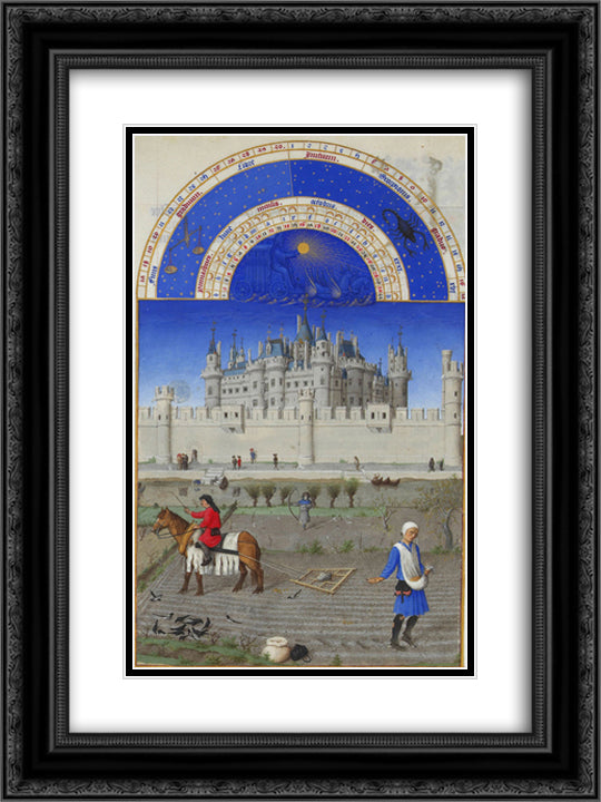 October Sowing the Winter Grain 18x24 Black Ornate Wood Framed Art Print Poster with Double Matting by Limbourg Brothers