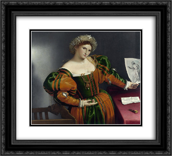 A Lady with a Drawing of Lucretia 22x20 Black Ornate Wood Framed Art Print Poster with Double Matting by Lotto, Lorenzo