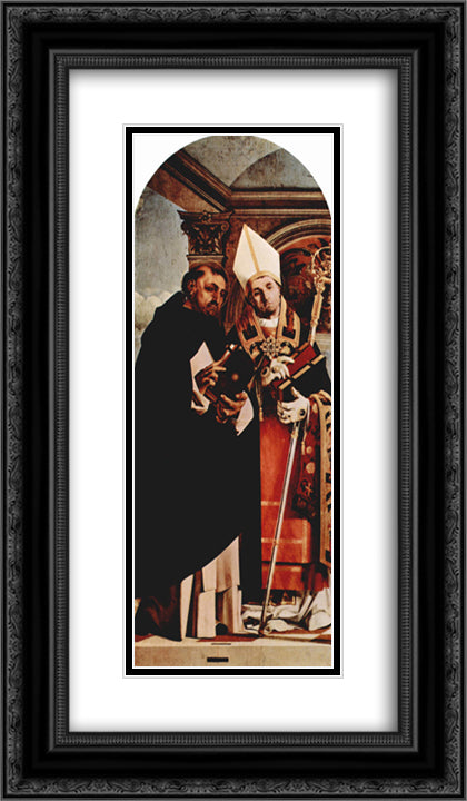 Altar of Recanati polyptych, the left wing St. Thomas Aquinas and St. Flavian 14x24 Black Ornate Wood Framed Art Print Poster with Double Matting by Lotto, Lorenzo