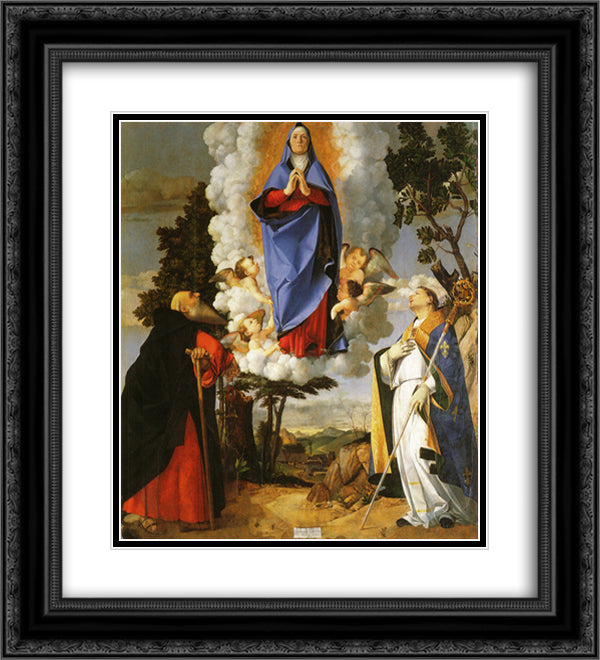 Asolo Altarpiece, main panel Scene of the Assumption with St. Anthony the Abbot and St. Louis of Toulouse 20x22 Black Ornate Wood Framed Art Print Poster with Double Matting by Lotto, Lorenzo