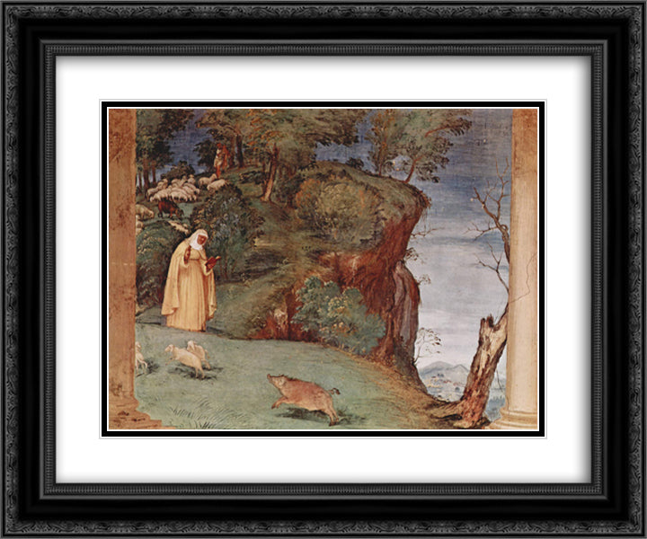 Frescoes in the Oratory Suardi in Trescore, scene of the blessing of St. Brigid of Kildare 24x20 Black Ornate Wood Framed Art Print Poster with Double Matting by Lotto, Lorenzo