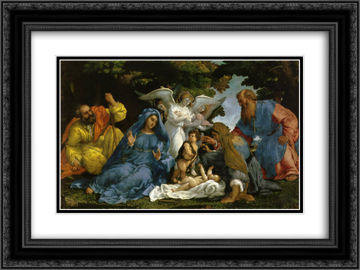 Holy Family with angels and saints 24x18 Black Ornate Wood Framed Art Print Poster with Double Matting by Lotto, Lorenzo