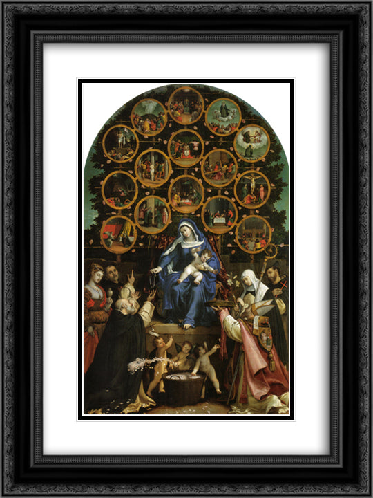 Madonna of the Rosary 18x24 Black Ornate Wood Framed Art Print Poster with Double Matting by Lotto, Lorenzo