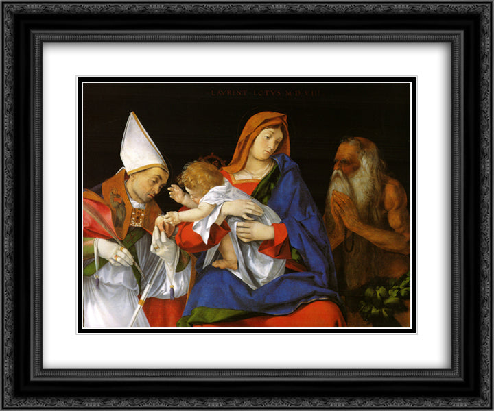 Madonna with a Bishop and St. Onuphrius 24x20 Black Ornate Wood Framed Art Print Poster with Double Matting by Lotto, Lorenzo