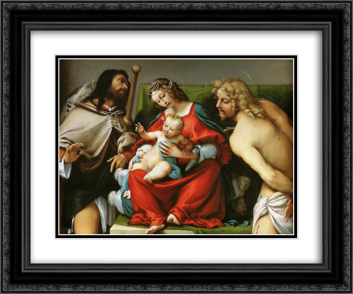 Madonna with St. Roch and St. Sebastian 24x20 Black Ornate Wood Framed Art Print Poster with Double Matting by Lotto, Lorenzo