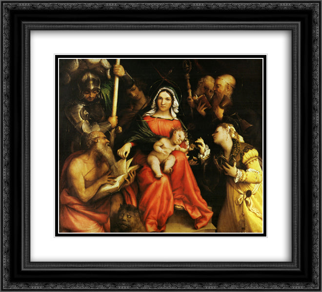 Mystic marriage of Saint Catherine of Alexandria and Saint Catherine of Siena 22x20 Black Ornate Wood Framed Art Print Poster with Double Matting by Lotto, Lorenzo