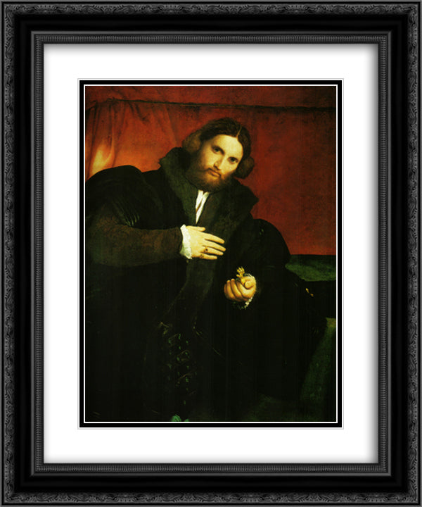 Portrait of a gentleman with lion paw 20x24 Black Ornate Wood Framed Art Print Poster with Double Matting by Lotto, Lorenzo