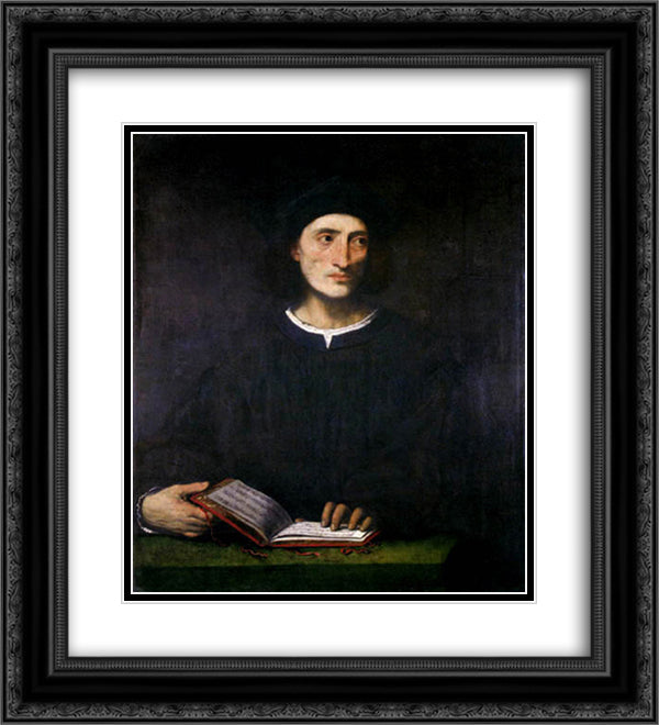 Portrait of a musician 20x22 Black Ornate Wood Framed Art Print Poster with Double Matting by Lotto, Lorenzo