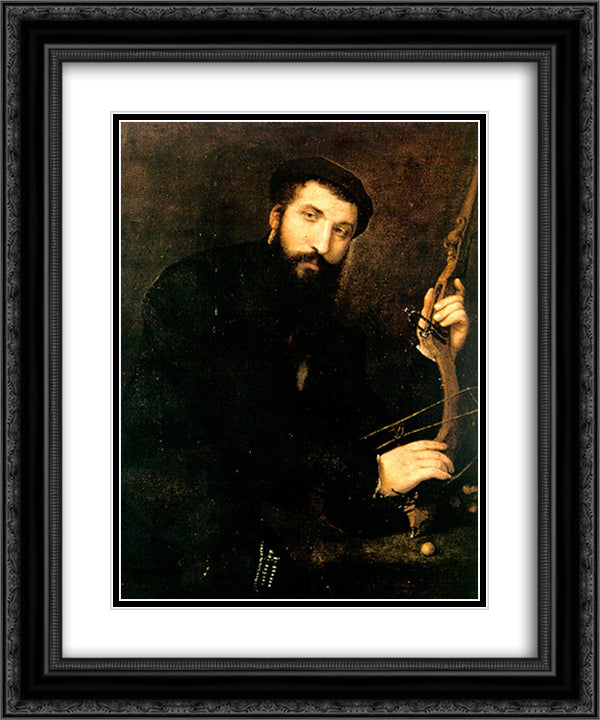 Portrait of Crossbowman 20x24 Black Ornate Wood Framed Art Print Poster with Double Matting by Lotto, Lorenzo