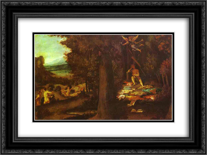 Sleeping Apollo, Muses and Fama 24x18 Black Ornate Wood Framed Art Print Poster with Double Matting by Lotto, Lorenzo