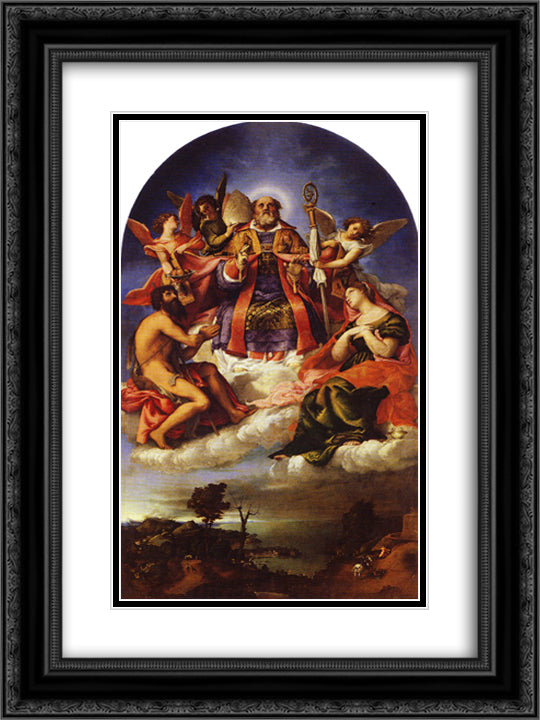 St. Nicholas in Glory with St. John the Baptist, St. Lucy and below St. George Slaying the Dragon 18x24 Black Ornate Wood Framed Art Print Poster with Double Matting by Lotto, Lorenzo