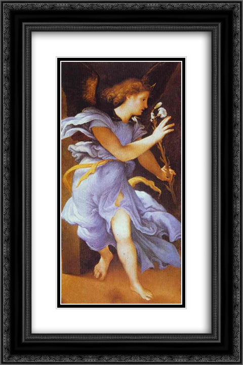 The Angel of the Annunciation 16x24 Black Ornate Wood Framed Art Print Poster with Double Matting by Lotto, Lorenzo