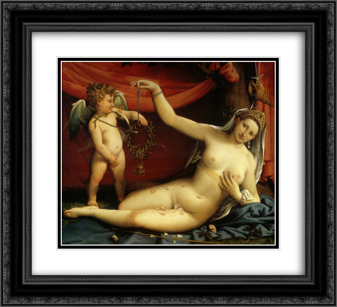Venus and Cupid 22x20 Black Ornate Wood Framed Art Print Poster with Double Matting by Lotto, Lorenzo