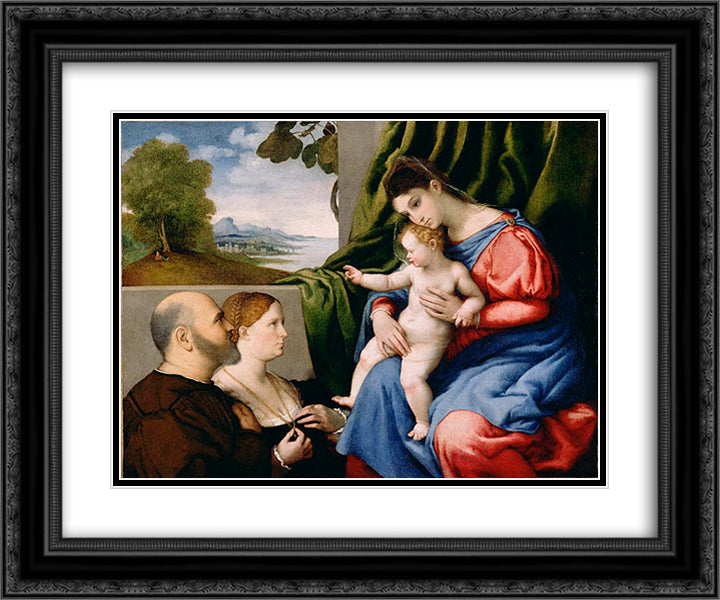 Virgin and Child with Two Donors 24x20 Black Ornate Wood Framed Art Print Poster with Double Matting by Lotto, Lorenzo