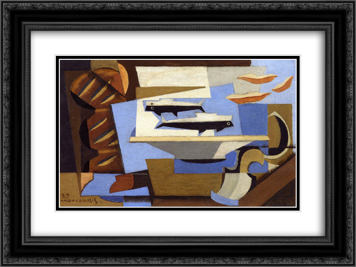 Breton Bread, Two Fish, Spoon 24x18 Black Ornate Wood Framed Art Print Poster with Double Matting by Marcoussis, Louis