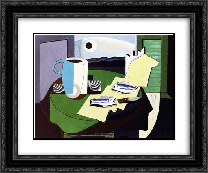 Still LIfe with Fish 24x20 Black Ornate Wood Framed Art Print Poster with Double Matting by Marcoussis, Louis