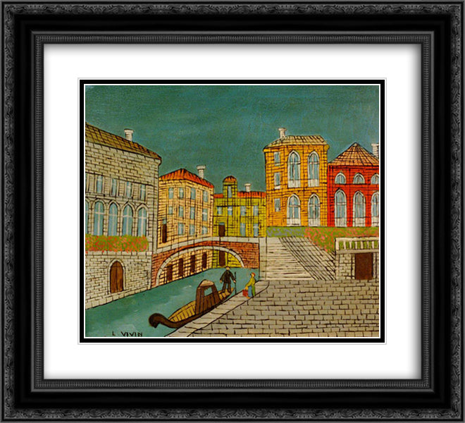Venice Canal Scene with a Bridge 22x20 Black Ornate Wood Framed Art Print Poster with Double Matting by Vivin, Louis