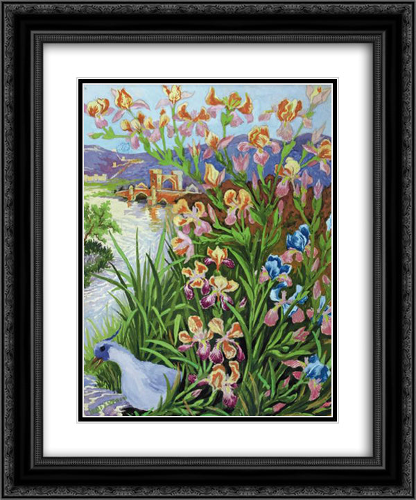 BLUE TUFTED BIRD AND BEARDED IRISES 20x24 Black Ornate Wood Framed Art Print Poster with Double Matting by Wain, Louis