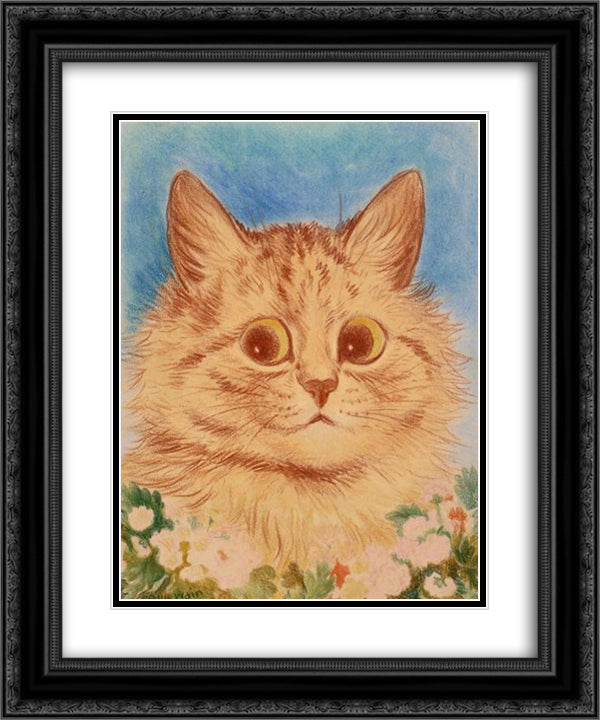 GINGER FLOWER CAT 20x24 Black Ornate Wood Framed Art Print Poster with Double Matting by Wain, Louis