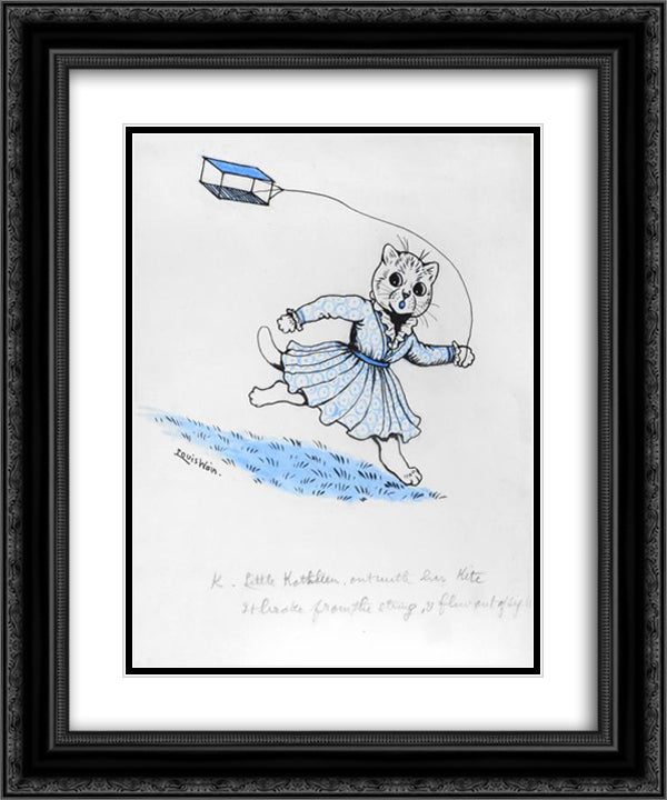 K. LITTLE KATHLEEN, OUT WITH HER KITE, IT BROKE FROM THE STRING, AND FLEW OUT OF SIGHT 20x24 Black Ornate Wood Framed Art Print Poster with Double Matting by Wain, Louis