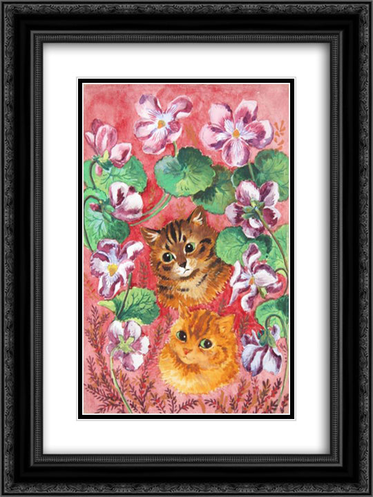 PANSIES AND TABBY 18x24 Black Ornate Wood Framed Art Print Poster with Double Matting by Wain, Louis
