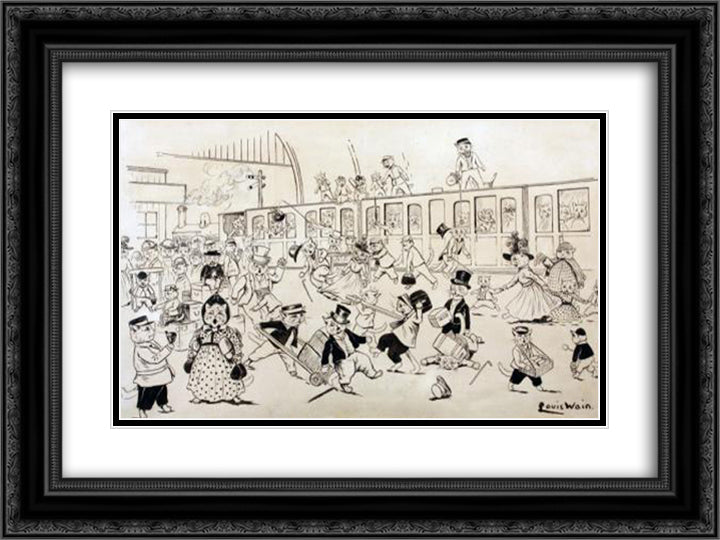 THE CAT'S EXCURSION 24x18 Black Ornate Wood Framed Art Print Poster with Double Matting by Wain, Louis
