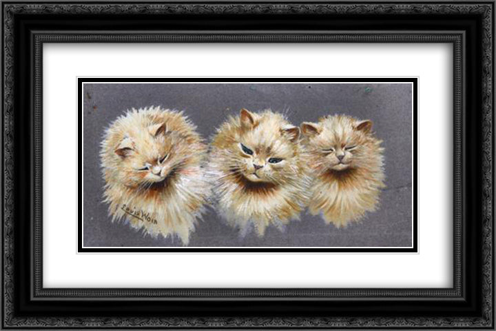 THREE CATS 24x16 Black Ornate Wood Framed Art Print Poster with Double Matting by Wain, Louis