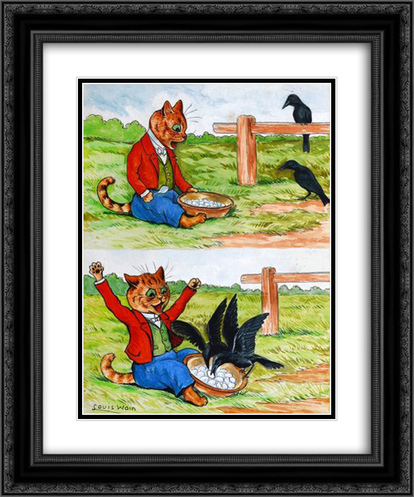 TWO NAUGHTY CROWS 20x24 Black Ornate Wood Framed Art Print Poster with Double Matting by Wain, Louis