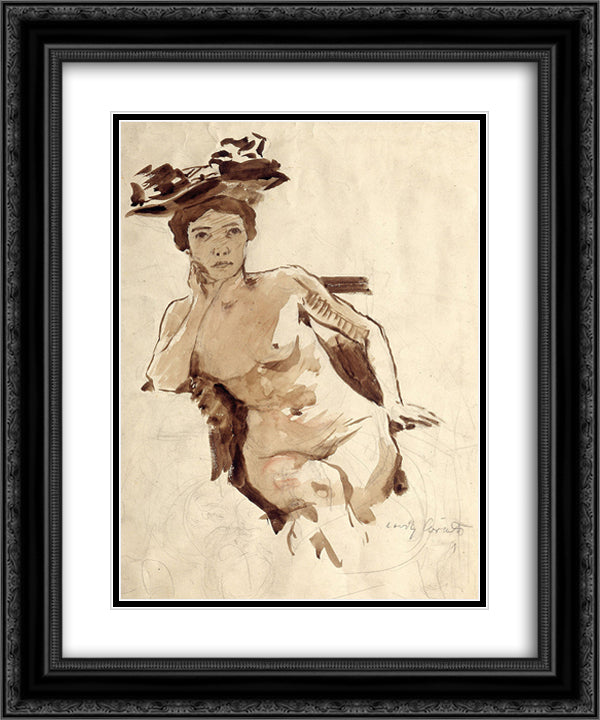 Female Semi-Nude with Hat 20x24 Black Ornate Wood Framed Art Print Poster with Double Matting by Corinth, Lovis