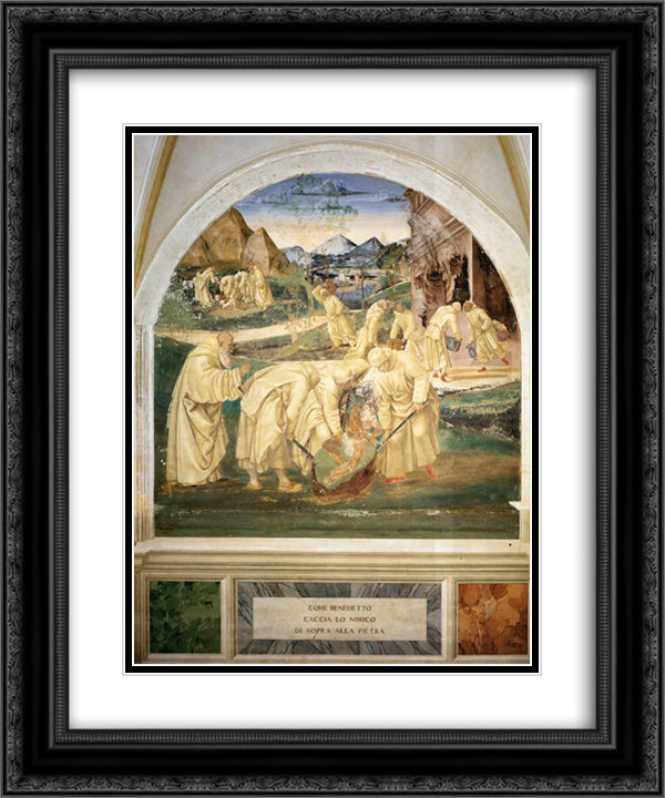 Life of St. Benedict. Benedict Drives the Devil out of a Stone 20x24 Black Ornate Wood Framed Art Print Poster with Double Matting by Signorelli, Luca