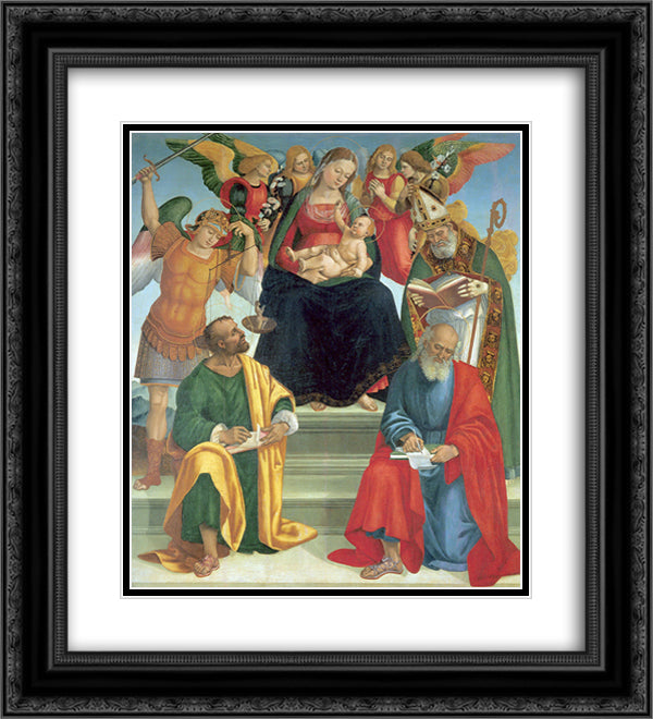 Madonna and Child with Saints and Angels 20x22 Black Ornate Wood Framed Art Print Poster with Double Matting by Signorelli, Luca