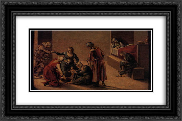 The Birth of the Virgin 24x16 Black Ornate Wood Framed Art Print Poster with Double Matting by Signorelli, Luca
