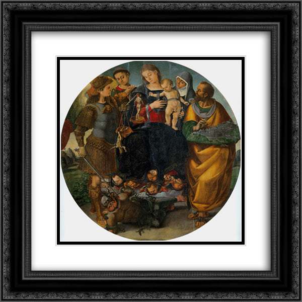 Virgin and Child with Sts Michael, Vincent of Saragozza, Margaret of Cortona and Mark 20x20 Black Ornate Wood Framed Art Print Poster with Double Matting by Signorelli, Luca