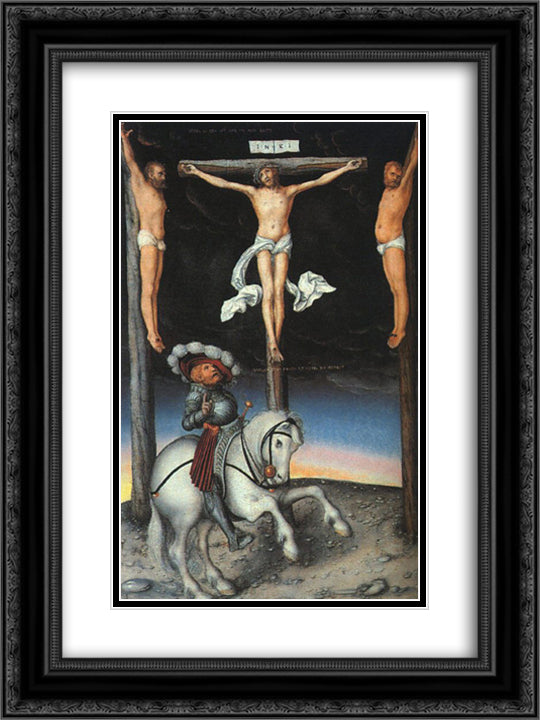 The Crucifixion with the Converted Centurion 18x24 Black Ornate Wood Framed Art Print Poster with Double Matting by Cranach the Elder, Lucas