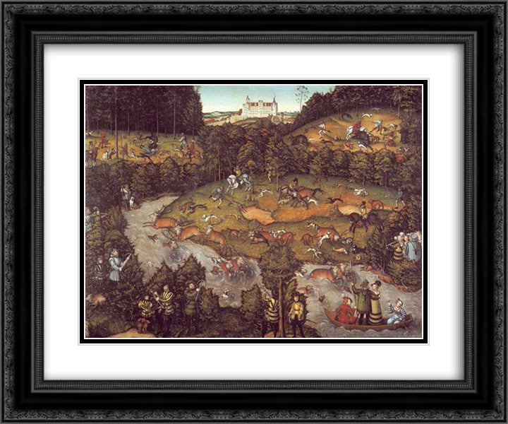 The deer hunting 24x20 Black Ornate Wood Framed Art Print Poster with Double Matting by Cranach the Elder, Lucas