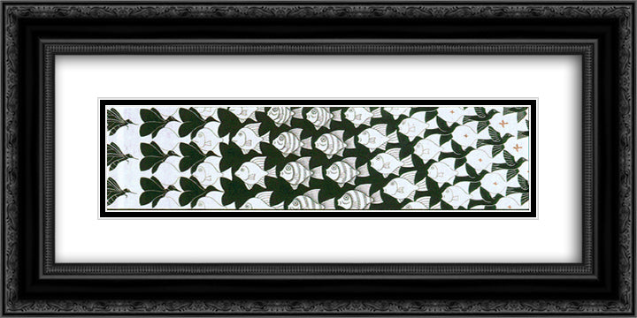 Metamorphosis II excerpt 4 24x12 Black Ornate Wood Framed Art Print Poster with Double Matting by Escher, M.C.