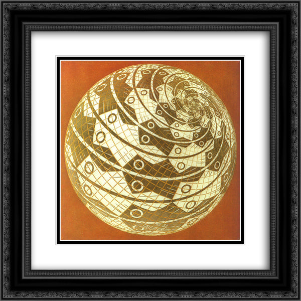 Sphere Surface with Fishes Colour 20x20 Black Ornate Wood Framed Art Print Poster with Double Matting by Escher, M.C.