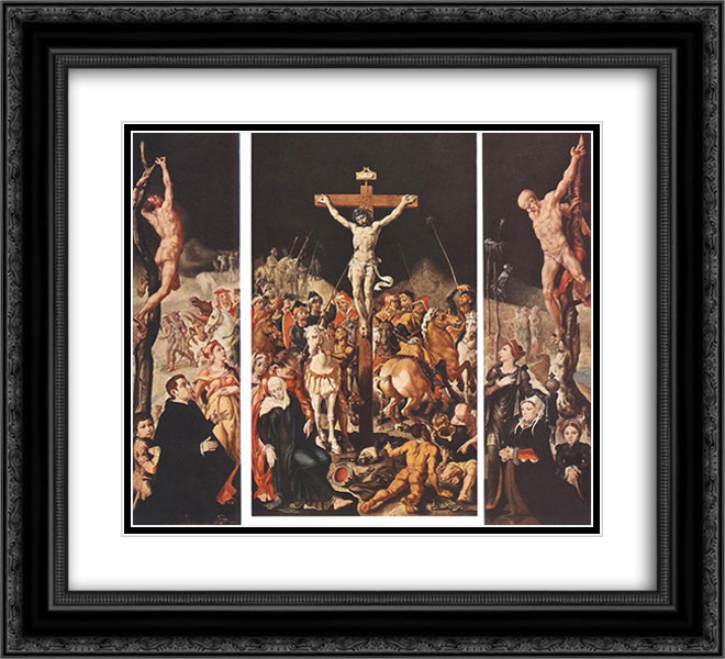Crucifixion (Triptych) 22x20 Black Ornate Wood Framed Art Print Poster with Double Matting by van Heemskerck, Maerten